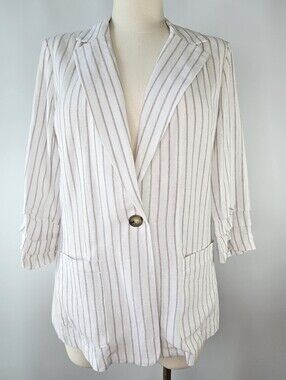 Halston Linen Blend Tiered 3/4 Sleeve Blazer White Taupe Silver Striped Size L